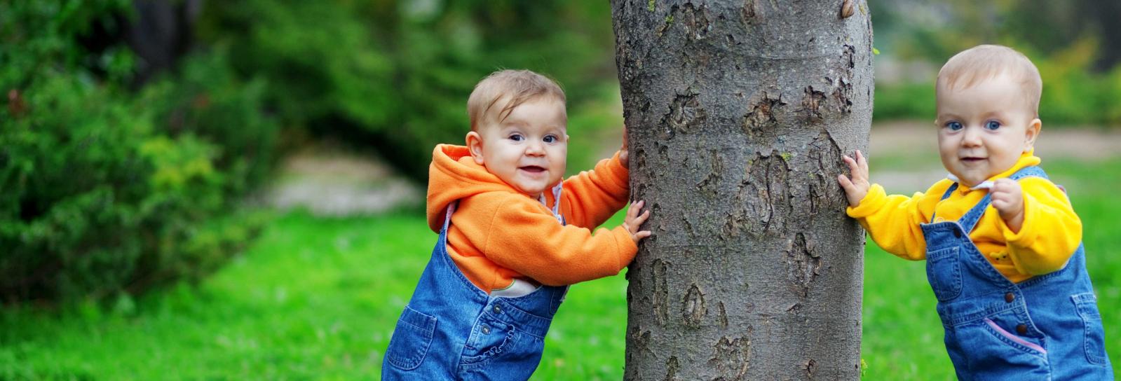 Vuggestuebørn som står op ad et træ
