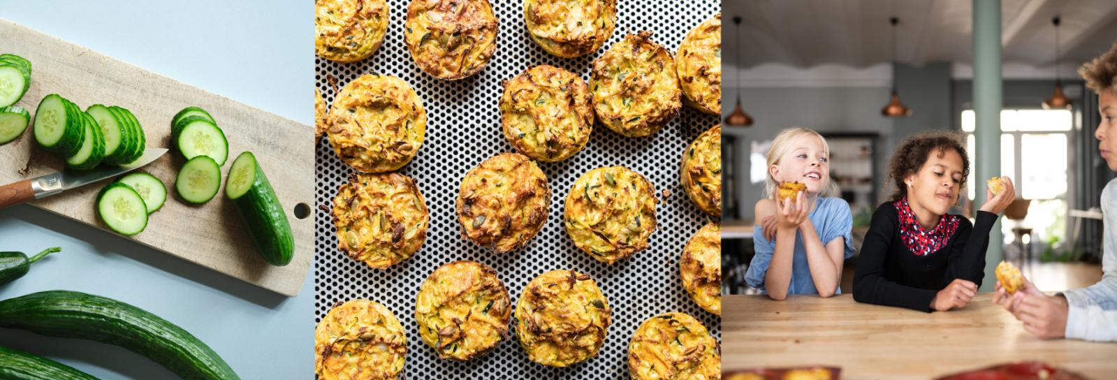 Billeder af børn, der spiser, en agurk på et skærebræt og madmuffins