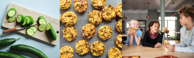 Billeder af børn, der spiser, en agurk på et skærebræt og madmuffins